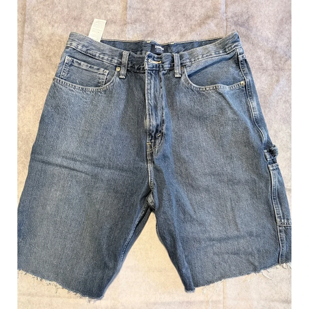 Denizen Mens Carpenter Shorts Blue Denim Raw Hem Utility Workwear Medium Wash